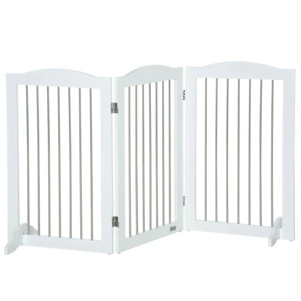 White freestanding folding dog gate with vertical bars and two support feet