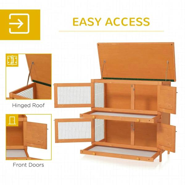 Outdoor guinea pig hutch with hinged roof, front doors, and wire mesh enclosure