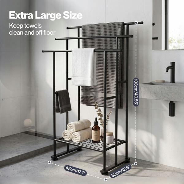 Levede Towel Rail Metal Rack With Basket 3-Tier Storage Anti-Slip Foot Black