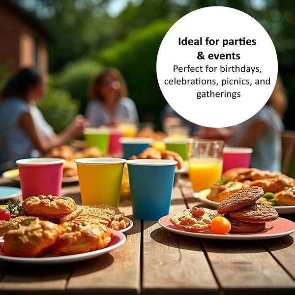 A vibrant setup of colourful cups in an outdoor party setting, showcasing that these cups are perfect for parties and events