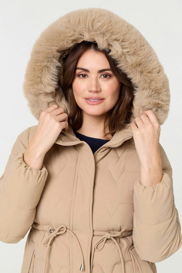 Beige | Faux Fur Hooded Tie Waist Puffer Jacket