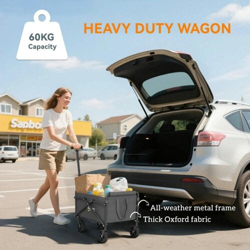 Bobobiy 41L Festival Trolley on Wheels, 60kg Heavy Duty Collapsible Foldable Wagon with Adjustable Handle and Carrying Bag for Beach, Grey
