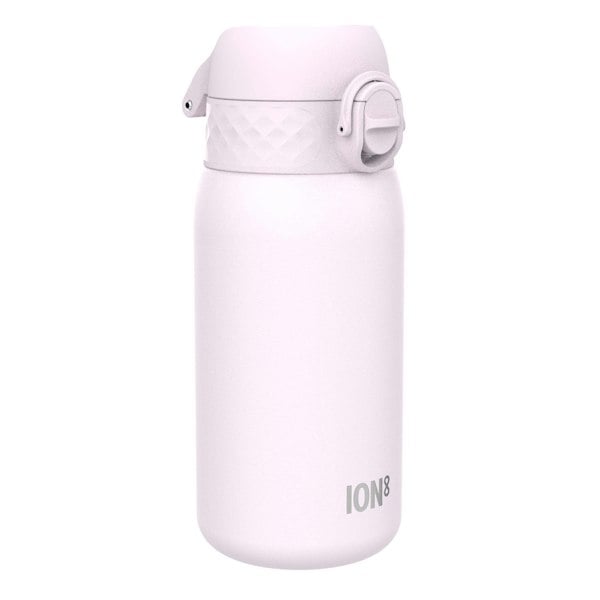 A light-pink water bottle sits on a white background. The bottle has a textured lid and a hinged carrying loop. The brand "ION8" is subtly printed near the base.