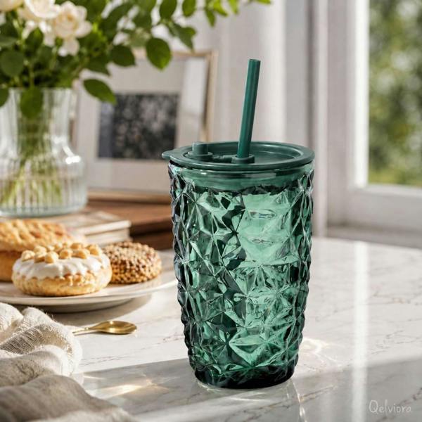 Dyzi 400ml Borosilicate Glass Drinking Cup with Lid Straw Dark Green