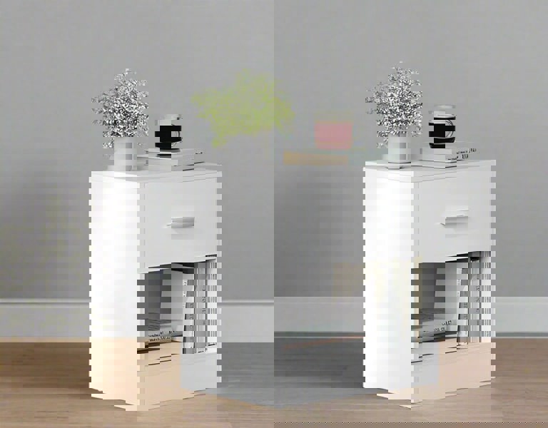 Modcraft Set of Two White Bedside Table with Drawer – Modern Nightstand for Bedroom or Living Room