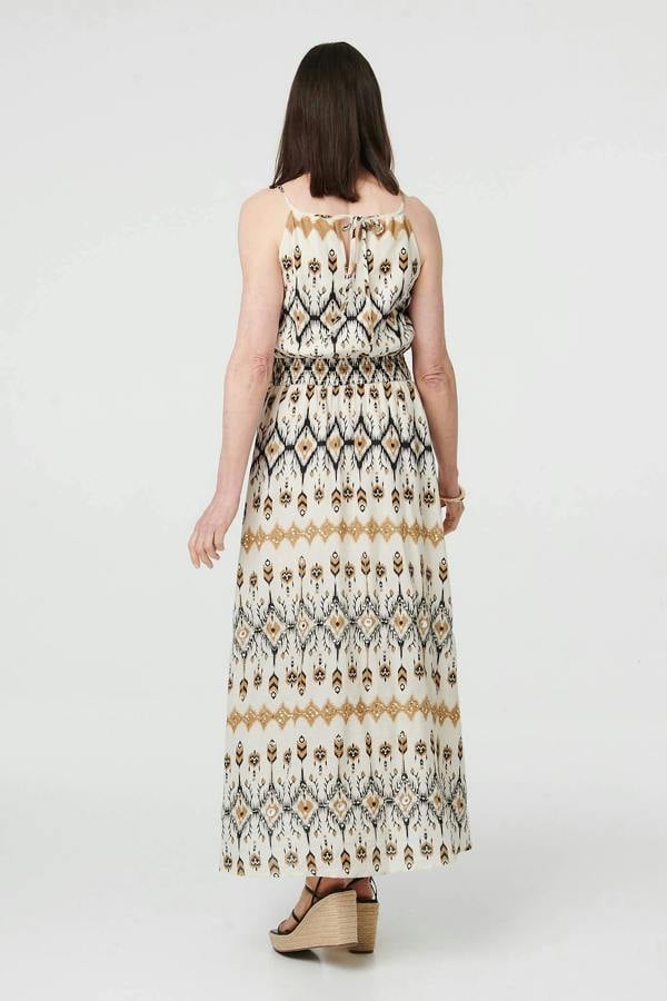 White | Printed Sleeveless Ruched Maxi Dress