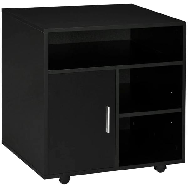 Black mobile printer stand cabinet with door, open shelf, and caster wheels