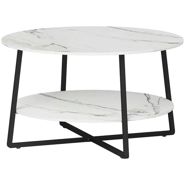 Round two-tier marble-effect coffee table with white tops and black metal legs