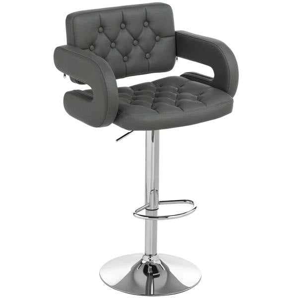 Grey PU leather swivel bar stool with tufted back, armrests, height-adjustable base