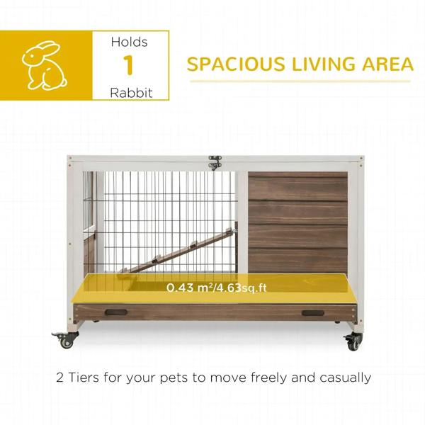 Brown wooden rabbit hutch with two-level wire enclosure and open floor base