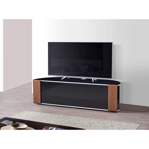 MDA Designs Sirius 1600 TV Cabinet Gloss Black Stand with BEAMTHRU Remote-Friendly Glass Door, Walnut/Oak Trims for TVs up to 70” TV