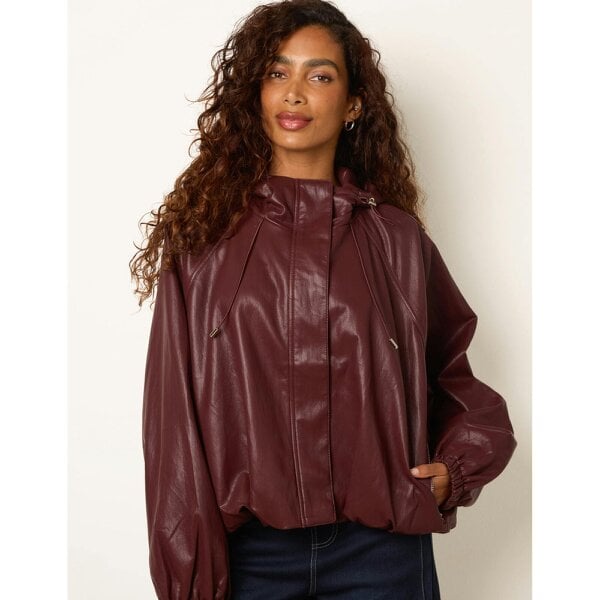 Blue Vanilla Hooded Leather Look Bomber Jacket