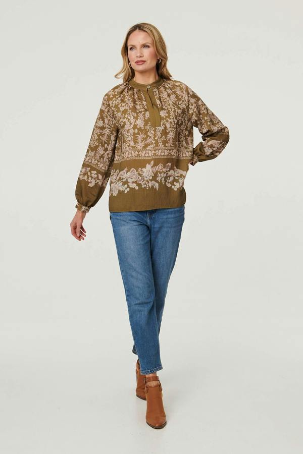 Green | Floral Long Sleeve High Neck Blouse