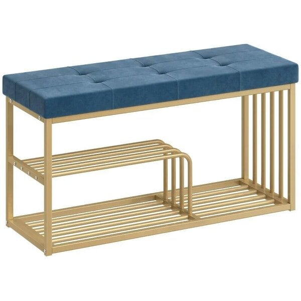 Bench and Shoe Storage, Tufted Shoe Storage Bench with Velvet Seat Cushion Gold Steel Frame for Entryway, Dark Blue