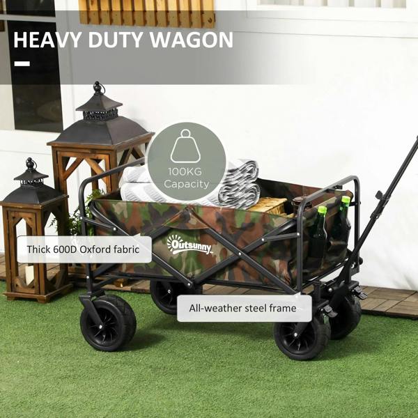 Heavy-duty folding garden trolley with camouflage fabric bed, steel frame, and large all-terrain wheels