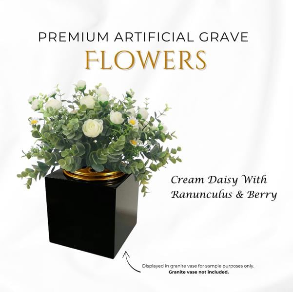 Memorials Direct Premium Artificial Grave Flowers – 25cm Cream Daisy With Ranunculus & Berry | Memorial Vase Pot