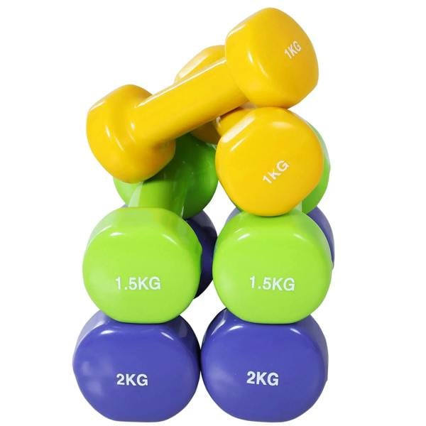 Stacked multi-color dumbbells including yellow, green, and purple pairs with labels