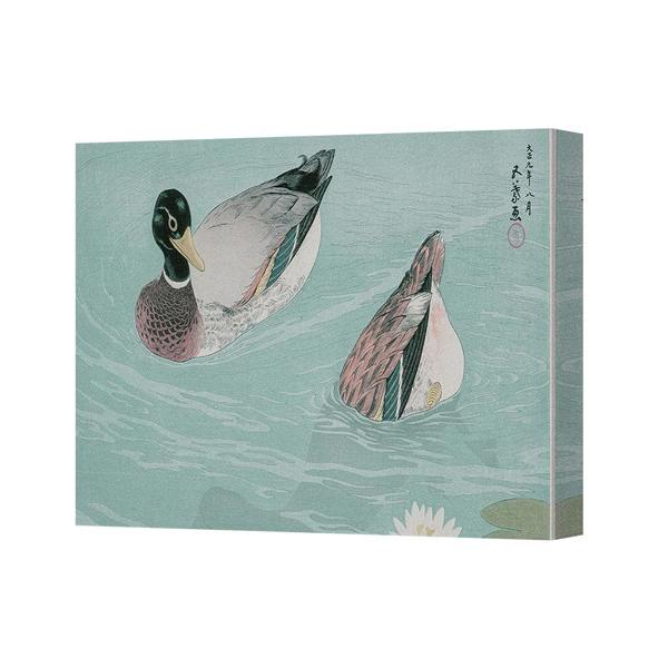 Benjamin Tate Design Two Mallards On Water Canvas Print Artwork With Teal Palette And Calligraphy