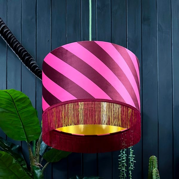 love frankie Raspberry Ripple Helter Skelter Velvet Lampshades With Gold Foil Lining and Fringing