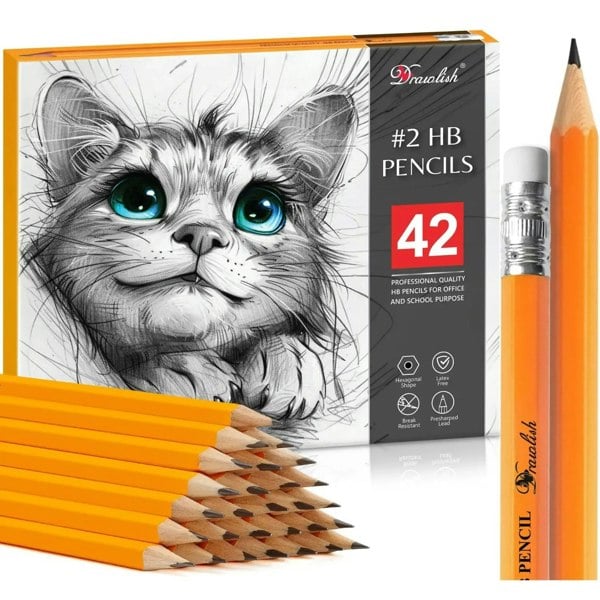 Drawlish 42-Piece Premium HB Pencils with Erasers - Pre-Sharpened Graphite for Artists & Kids