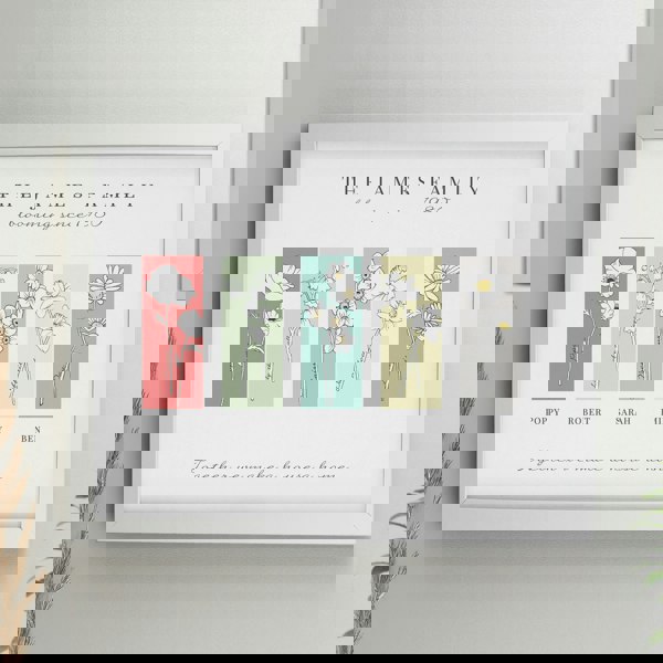 Personalised Memento Company Personalised Birth Flower Family of 5 White Framed Print