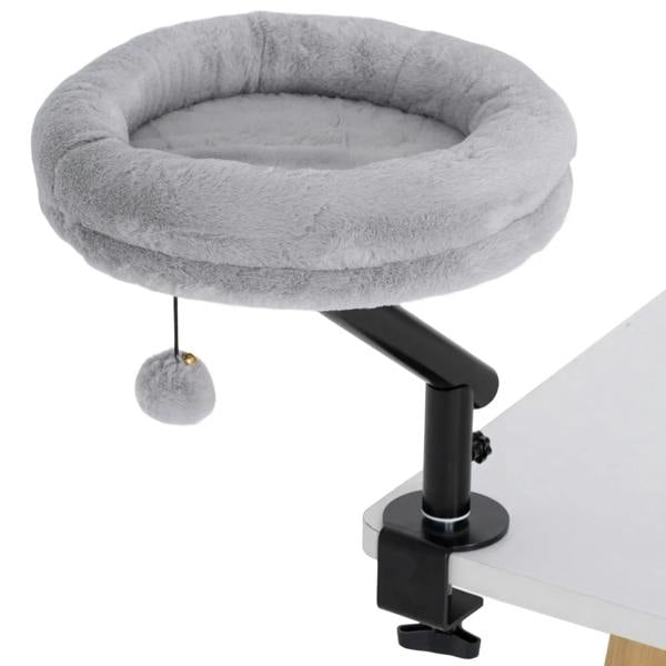 Grey plush cat desk bed hammock with round cushion and clamp, plus hanging pom