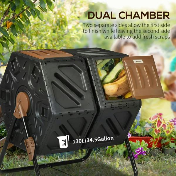 Dual-chamber composter with one tan door open, revealing compost inside the black unit