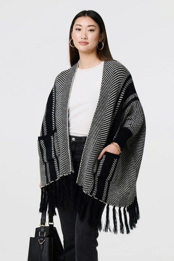 Black | Chevron Print Tassel Fringe Open Cardigan

