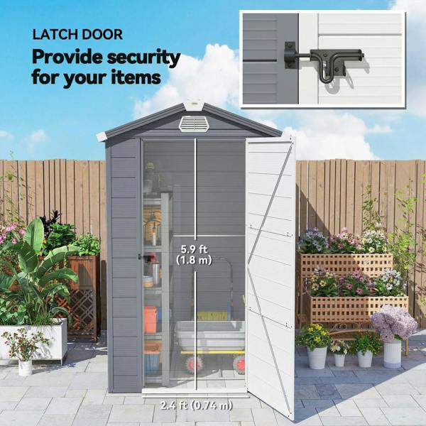 Grey plastic wall shed with latch door, side window, and open front storage