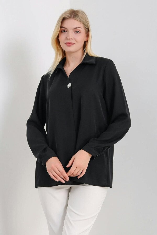 Hoxton Gal Oversized Long Sleeves Blouse with Brooch Details in Black