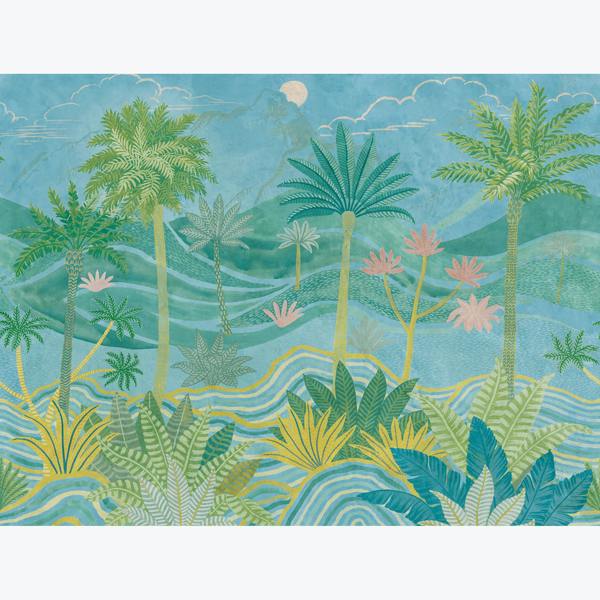 Grandeco Palm Spring Landscape Scene 7 panel Repeatable Textured Mural, 3.71 x 2.8m, Blue