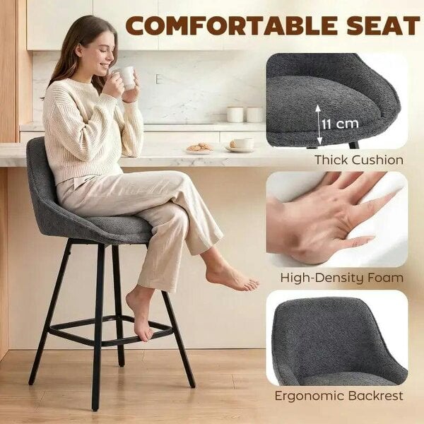 Bobobiy Bar Stools Set of 2, 64 cm Modern Linen-Touch Fabric 360° Swivel Counter Height Bar Chairs, Dark Grey