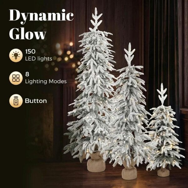 Bobobiy Prelit Flocked Artificial Christmas Tree Set of 3 Snowy Xmas Tree Warm White LED Lights (3FT+4FT+5FT)