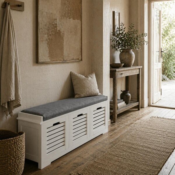 Wyld Haus Vesava Wooden White 3 Drawer Slatted Shoe Storage Bench with Grey Padded Seat