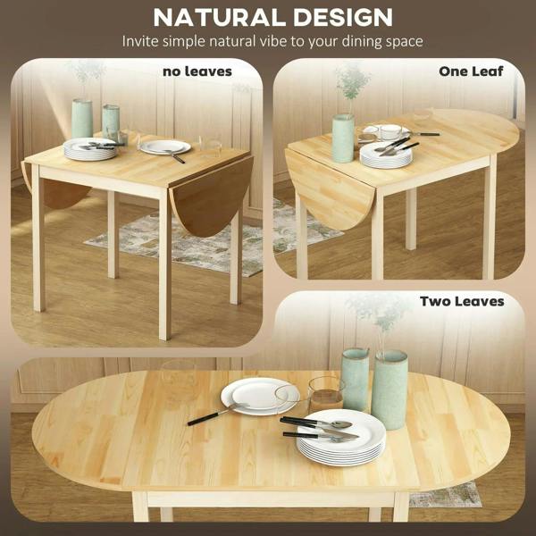 Natural wood drop-leaf table with leaves shown in open positions for flexible dining size