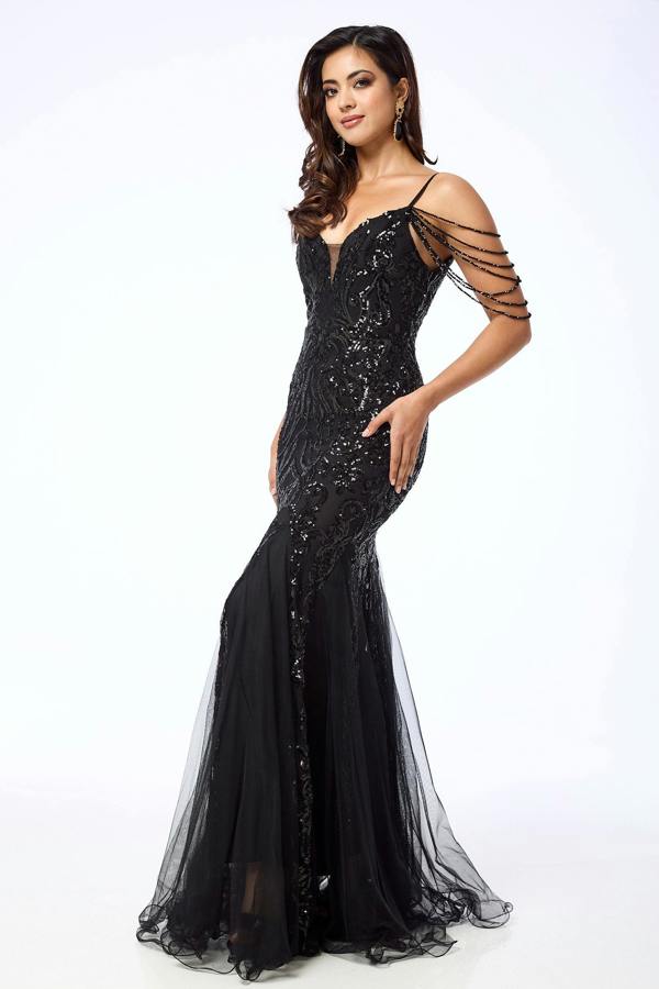 LuvForever Alora - Black Jewelled Shoulder Sequin Maxi Dress