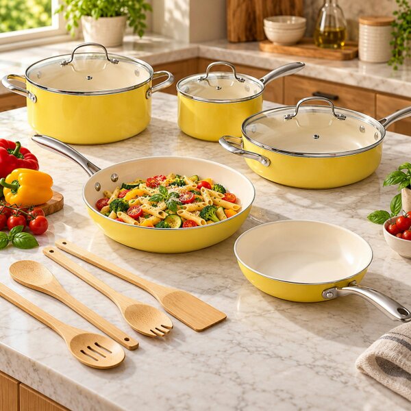 Gr8 Home 12 Pcs Ceramic Non Stick Induction Cookware Set Yellow Pots & Pans Lids Utensils