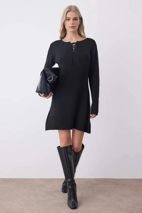 WOVCOR Mini A-Line Knit Dress with Tie Detail