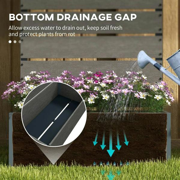 Dark grey planter box with open base showing bottom drainage gap and soil chamber