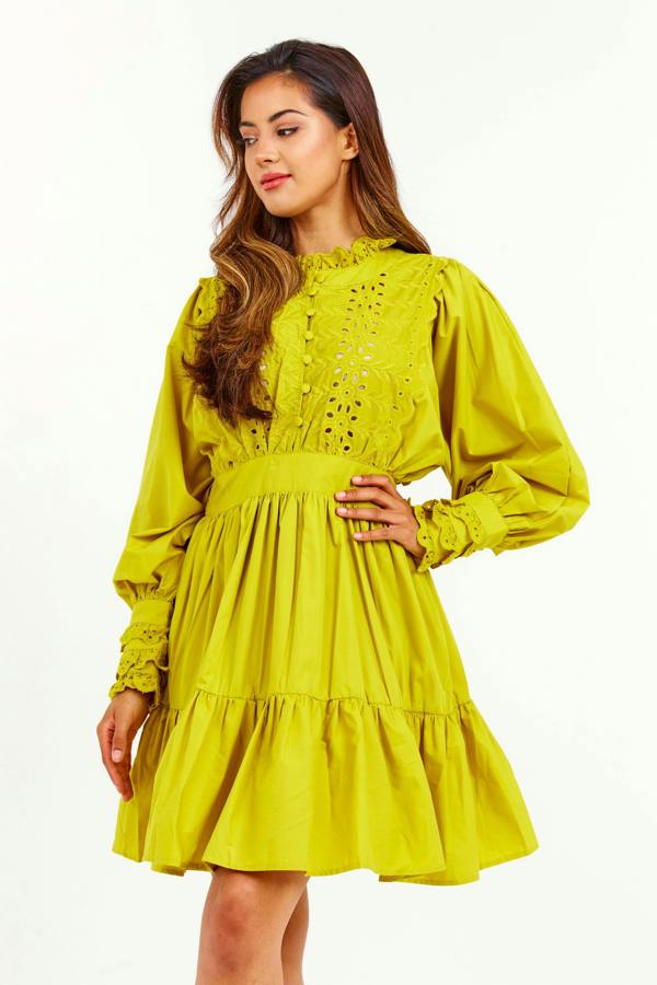 LuvForever Mustard Embroidered Ruffle Mini Dress