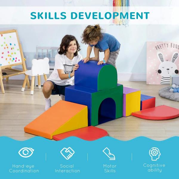 Kids soft playset with stacked foam blocks, arched tunnel, and colorful floor mats