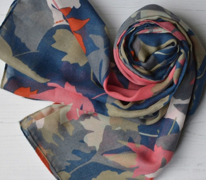 Antonia York Leaf Scarf | Hannah Large Light Weight Gauzy Wrap Recycled Polyester Blue Sage Pink