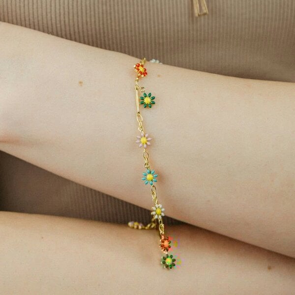 The Colourful Aura Colourful Rainbow Sun Flower Dangle Indie Boho Daisy Floral Charms Bracelet - Gold