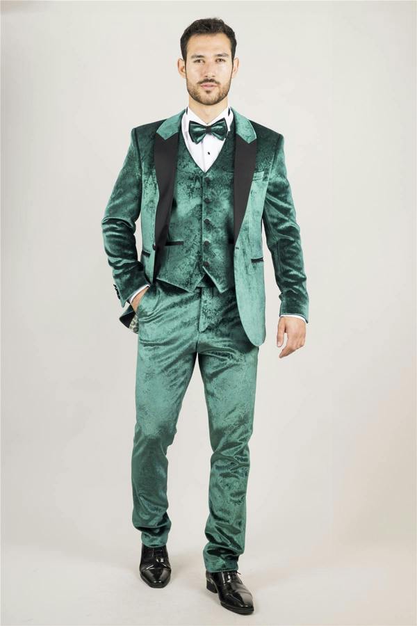 Infinity Leather Men's Green 3 Piece Velvet Wedding Tuxedo Formal Suit