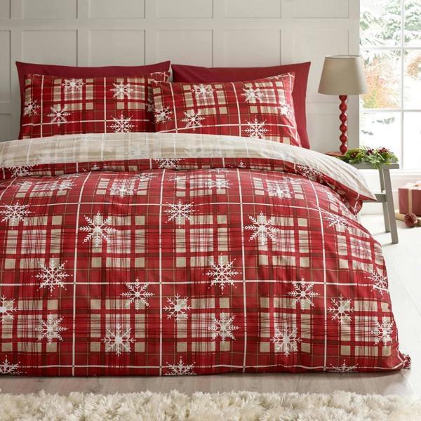 Catherine Lansfield Christmas Scandi Check Reversible Duvet Cover Set Red