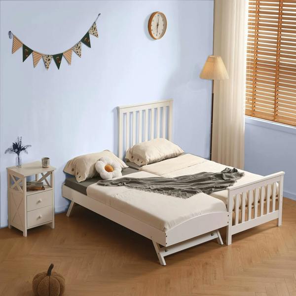 Oxford Single Bed with Pull Out Trundle, Solid Pine, White, Guest Bed Included
