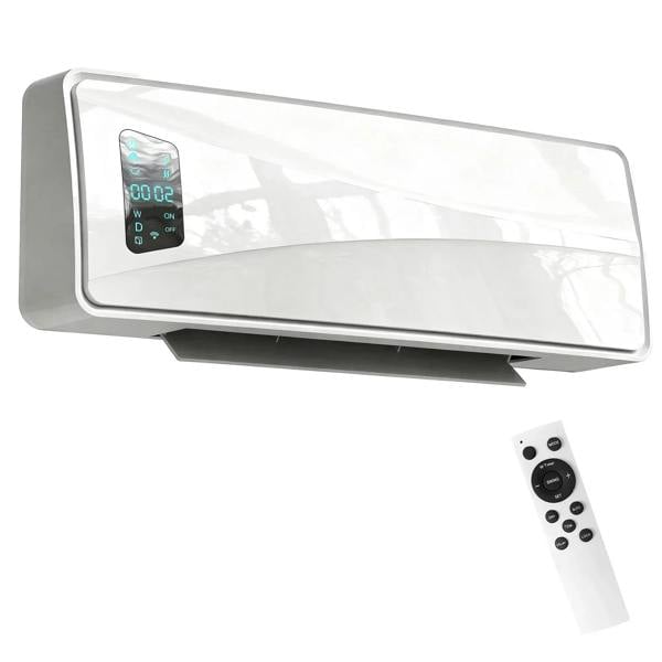 Wall-mounted ceramic electric heater, white, with digital display and remote control.