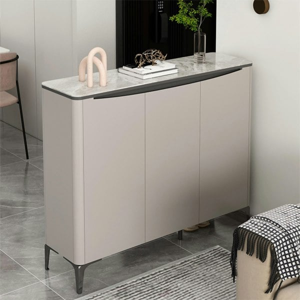 Detail view of Esther Shoe Storage with small storage bench for shoes