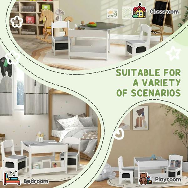 White kids table and chair set with grey tabletop and built-in storage shelves