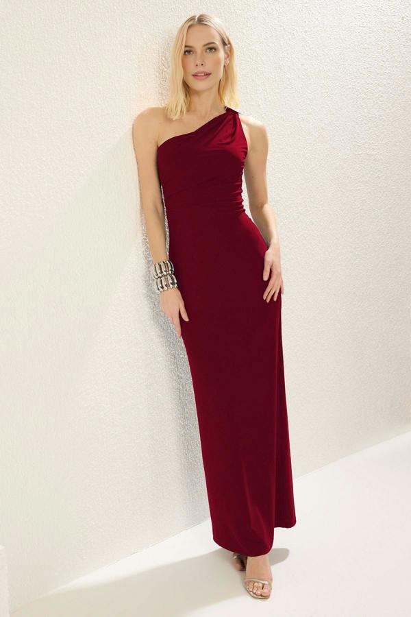 WOVCOR One-Shoulder Knitted Maxi Elegant Evening Dress with Accessory Details